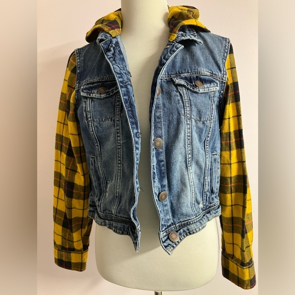 Women’s Denim Hoodie/Jacket, Distressed, Blue/Golden Yellow, Flannel, Upcycled